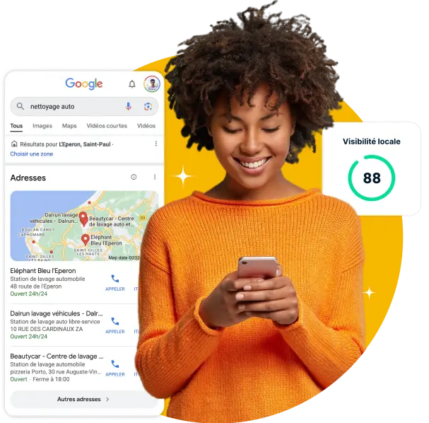 Résultats Google Maps d'une recherche locale, score de visibilité 88